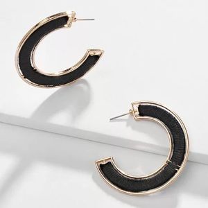 Embroidered Black Weave Gold Plated C Hoop Earrings